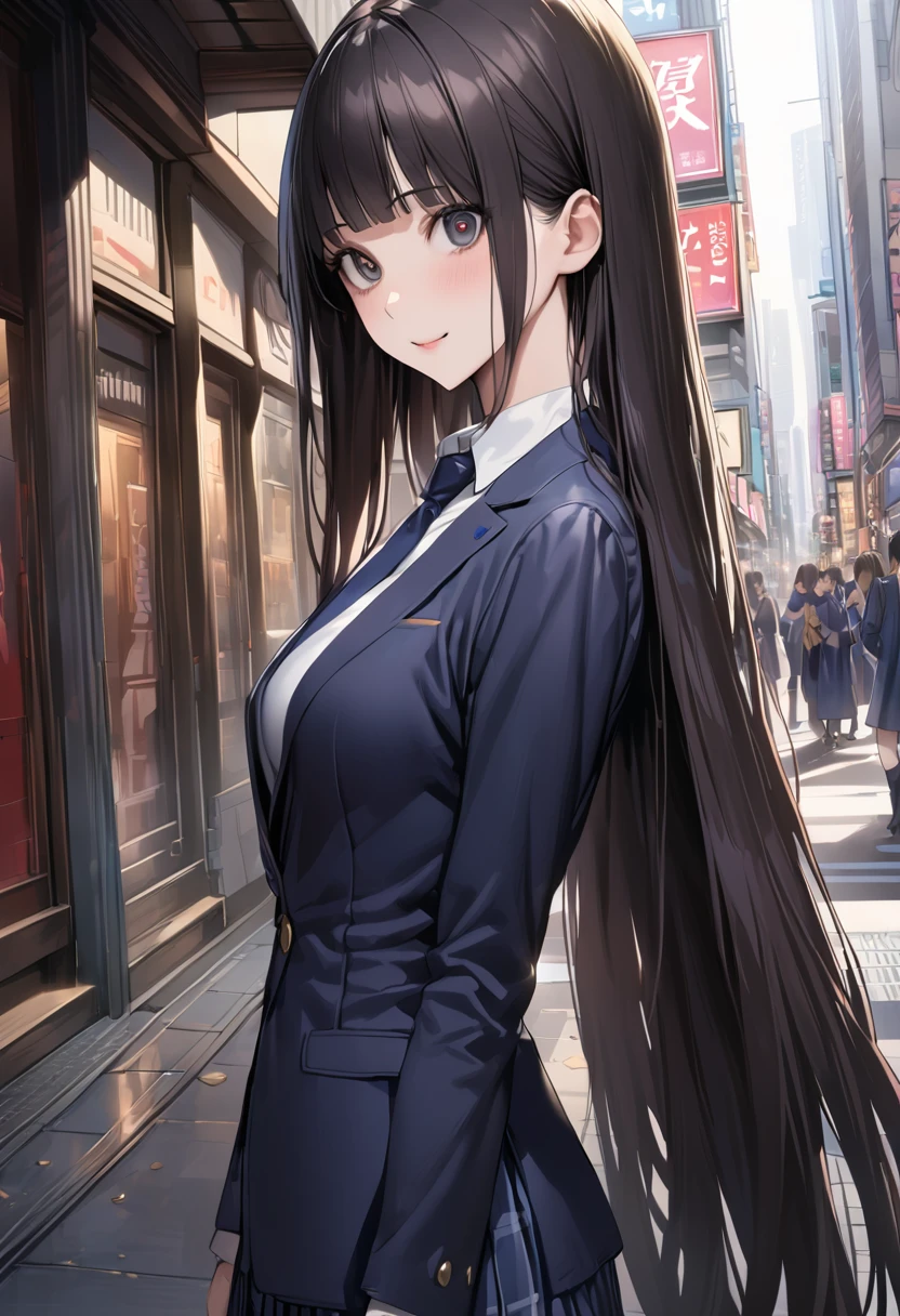 ((masterpiece,best quality anime,Highest quality:1.3)),realistic,cowboy shot,1woman,(30 year old beauty),((very small head:1.4)),((very long body:1.4)),straight long hair,black hair,(gorgeous big eyes),black eyes,smile,((slender body:1.4,skinny:1.3)),medium breasts,(School uniform、Dark blue blazer jacket、Navy blue tie、White shirt、Navy blue pleated mini skirt),gleaming skin,shiny skin,standing,on street、Shinjuku、Tokyo、
