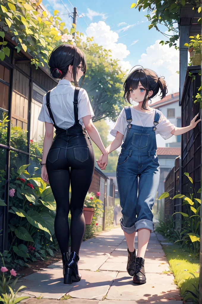 (masterpiece), 4K,{{{2 women}}}, Lesbian，shoes，,Random Hairstyles,((Lesbian )),Shooting from afar,During farm work,Overalls,camisole,garden
