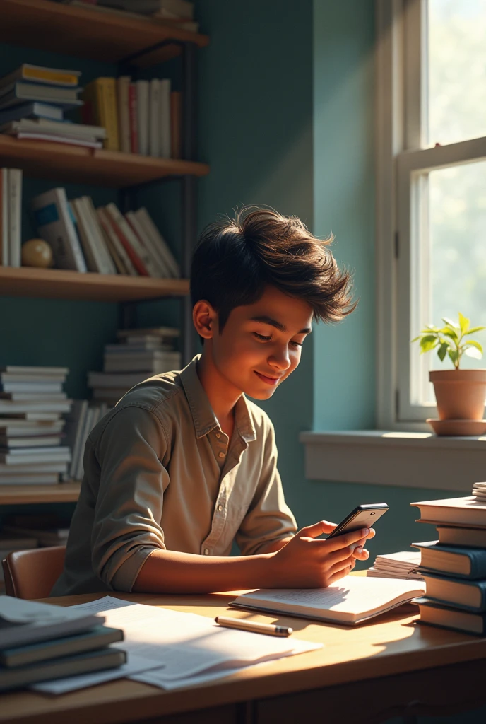A 20-year-old Bangladeshi boy sitting at a study desk, holding a mobile phone horizontally in his hand. He is looking at the phone screen with a slight smile on his face, indicating both focus and enjoyment. The desk is cluttered with study materials such as textbooks and notebooks. The setting has a realistic, everyday feel with natural lighting illuminating the scene. The boy is dressed in casual clothing, and the image should have a lifelike quality, making it appear like a real photograph & full Realistic. image size 2000 pixel by 2000 pixel