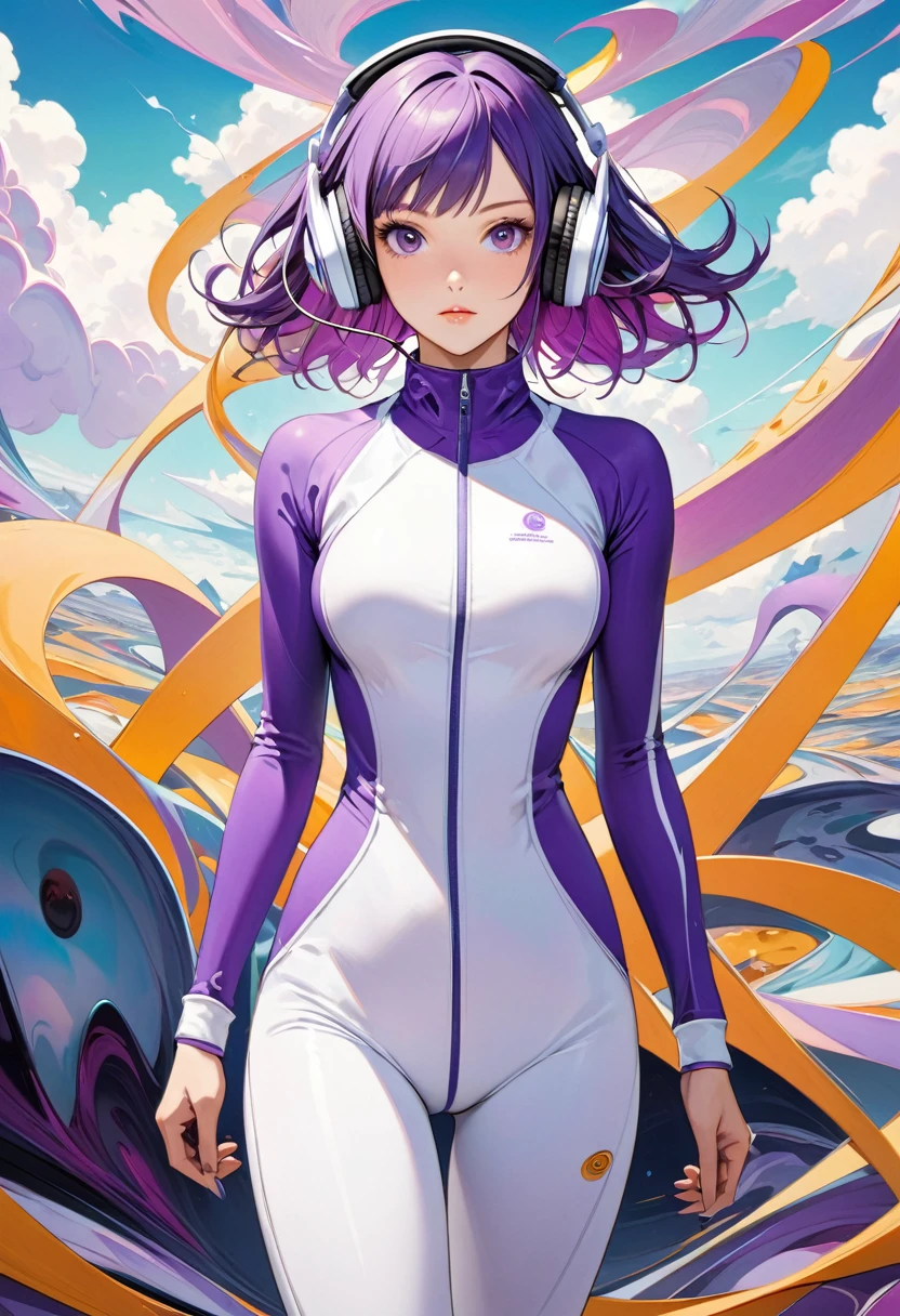 surrealism,Purple hair,woman wearing headphones,Health training suit