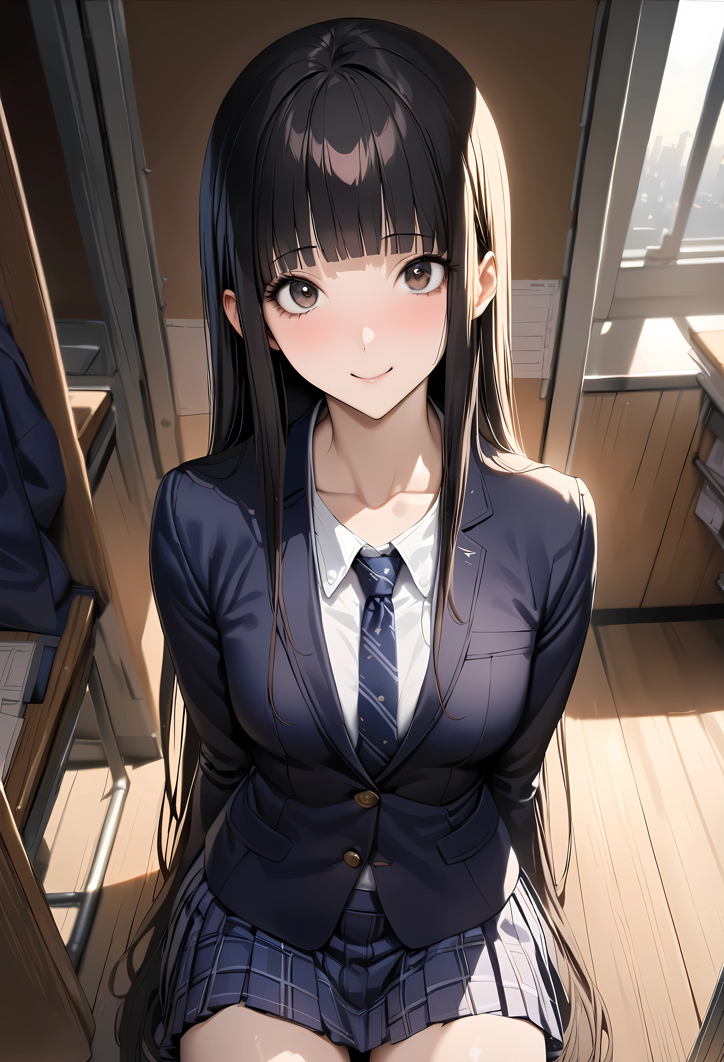((masterpiece,best quality anime,Highest quality:1.3)),realistic,upper body,1woman,(30 year old beauty),((very small head:1.4)),((very long body:1.4)),straight long hair,black hair,(gorgeous big eyes),black eyes,smile,((slender body:1.4,skinny:1.3)),medium breasts,(School uniform、Dark blue blazer jacket、Navy blue tie、White shirt、Navy blue checkered pleated mini skirt),gleaming skin,shiny skin,classroom、Tokyo、
