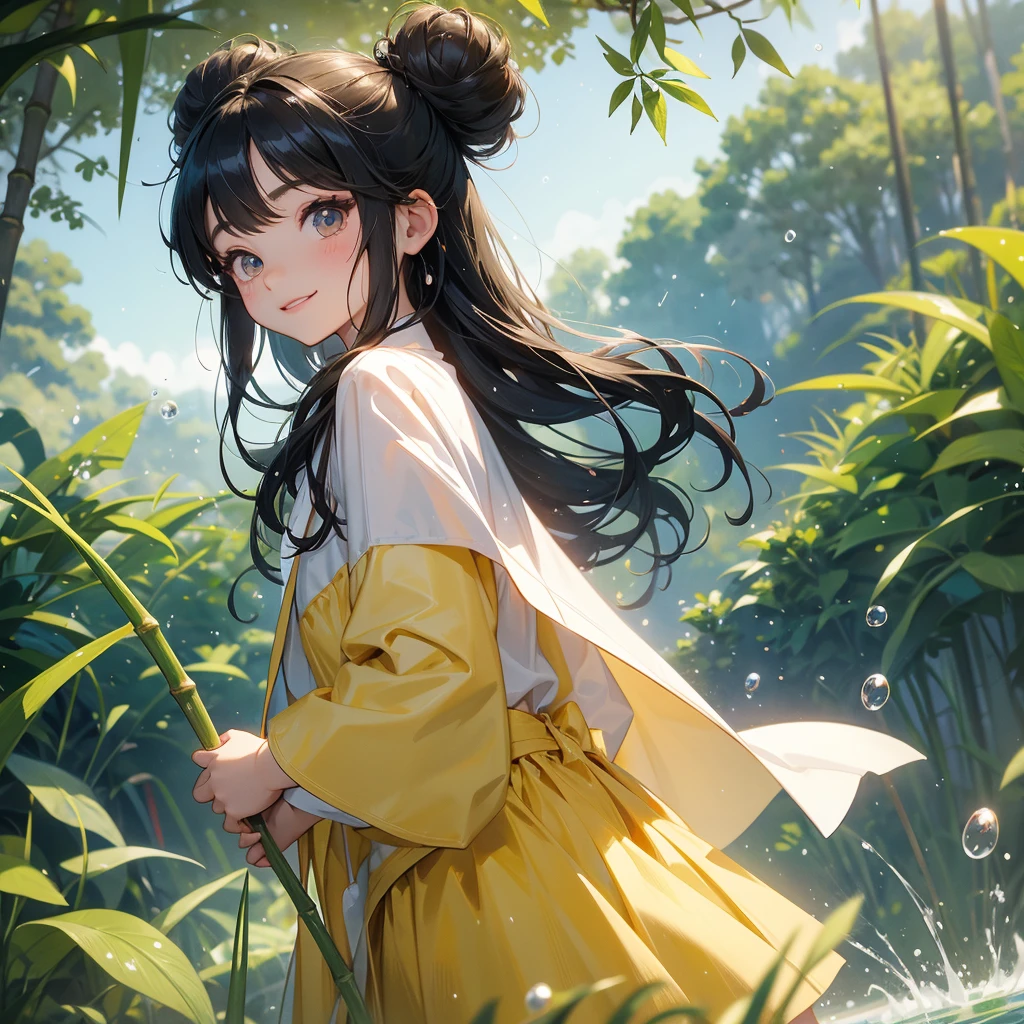 A chibi child girl had a small face and wearing a little tourist priest’s outfit, a pair of big round eyes shone with curiosity about him. This child was so cute, her hair is black with buns on her hair. Small chibi , chibi baby, smiling , chibi.
The back is a lush green bamboo forest. The air after rain has water droplets splashing around.