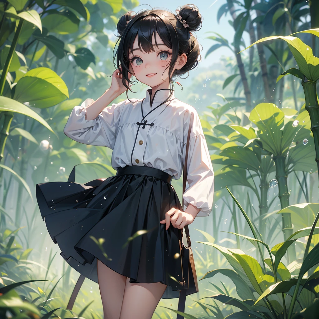 A chibi child girl had a small face and wearing a little tourist priest’s outfit, a pair of big round eyes shone with curiosity about him. This child was so cute, her hair is black with buns on her hair. Small chibi , chibi baby, smiling , chibi.
The back is a lush green bamboo forest. The air after rain has water droplets splashing around.
