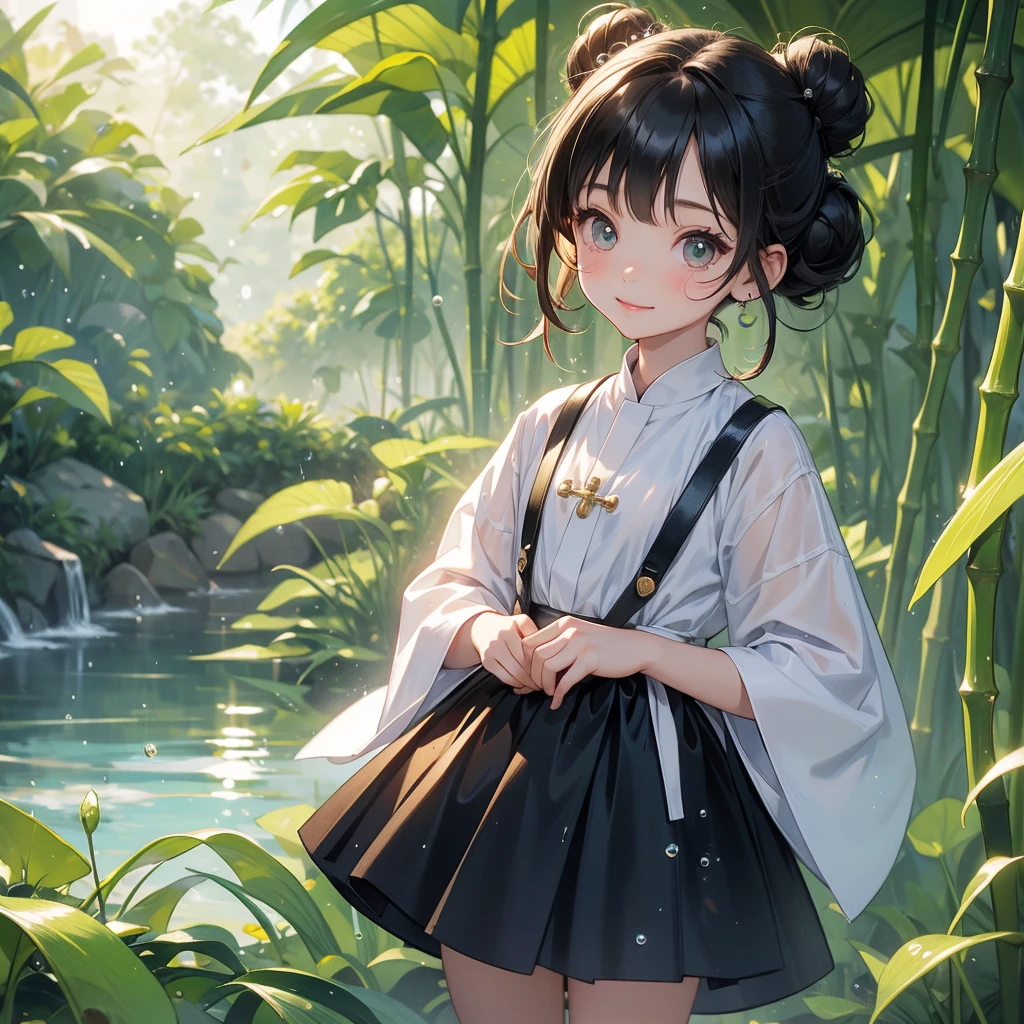 A chibi child girl had a small face and wearing a little tourist priest’s outfit, a pair of big round eyes shone with curiosity about him. This child was so cute, her hair is black with buns on her hair. Small chibi , chibi baby, smiling , chibi.
The back is a lush green bamboo forest. The air after rain has water droplets splashing around.