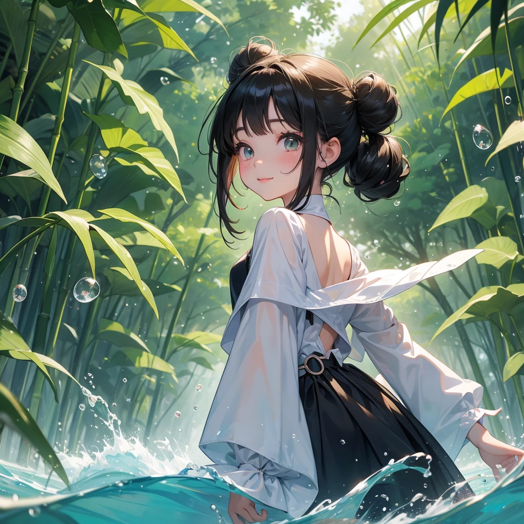 A chibi child girl had a small face and wearing a little tourist priest’s outfit, a pair of big round eyes shone with curiosity about him. This child was so cute, her hair is black with buns on her hair. Small chibi , chibi baby, smiling , chibi.
The back is a lush green bamboo forest. The air after rain has water droplets splashing around.