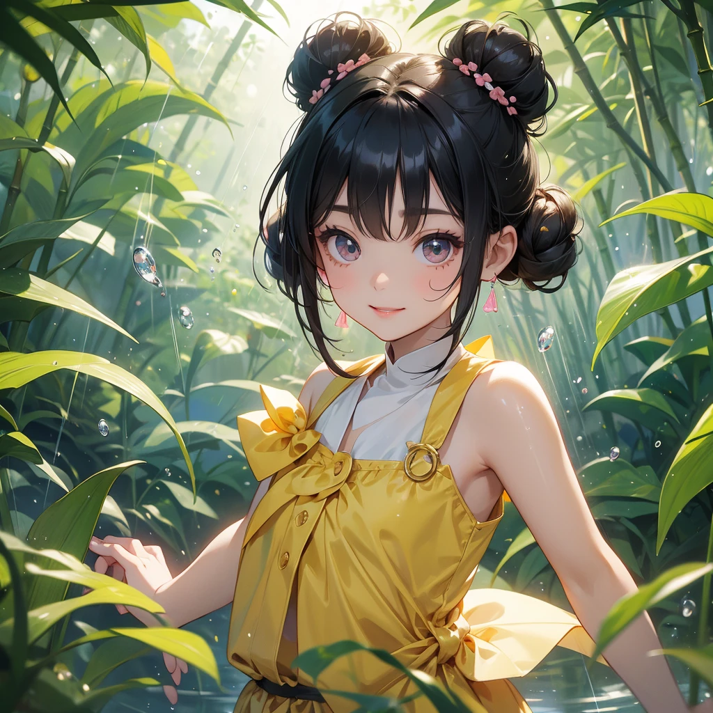 A chibi child girl had a small face and wearing a little tourist priest’s outfit, a pair of big round eyes shone with curiosity about him. This child was so cute, her hair is black with buns on her hair. Small chibi , chibi baby, smiling , chibi. 

The back is a lush green bamboo forest. The air after rain has water droplets splashing around.