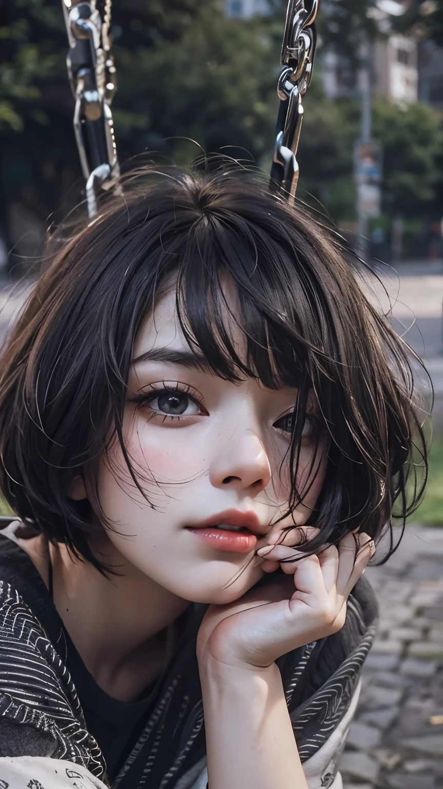 Short-haired raped woman, What kind of makeup, Without makeup, Center-parted curtain bangs, Profile picture, Use Instagram filters, A soft, dim light, Pose looking around the playground, seesaw, swing, Perfect Face, Julia Sardinia, Perfect hands, Random Actions, sandbox, sunny, Full body image,