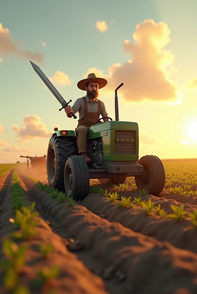 In a detailed 3D scene, a farmer is working in his field. He is seated in a modern tractor, which is actively tilling the soil. The farmer, dressed in rugged work clothes and a straw hat, is holding a gleaming sword, which is sheathed on his side. The field is expansive with crops starting to sprout, and the sky above is clear with a hint of clouds. The setting sun casts a warm, golden light over the entire scene, enhancing the textures and shadows of the tractor and the farmer.