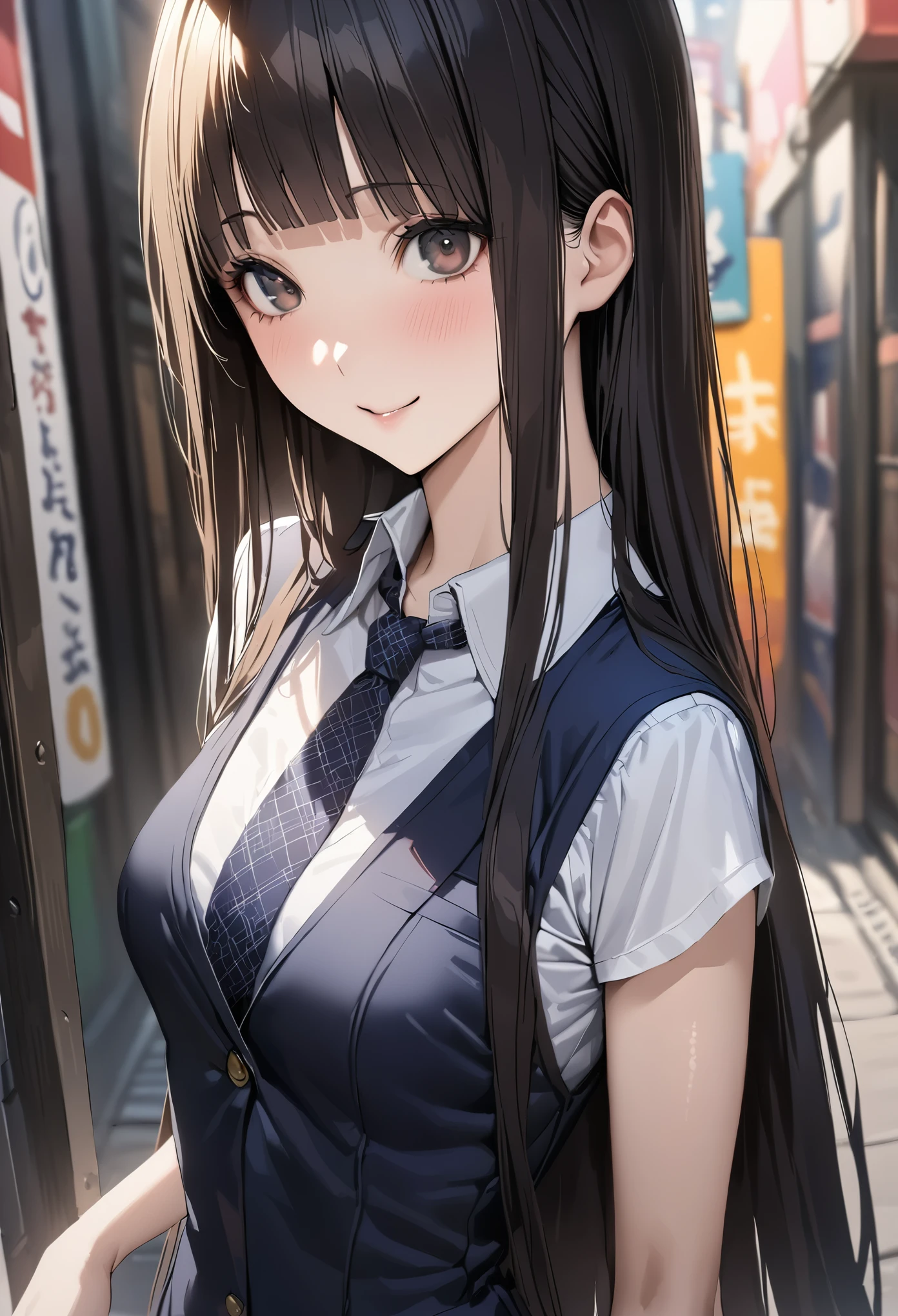 ((masterpiece,best quality anime,Highest quality:1.3)),realistic,upper body,1woman,(30 year old beauty),((very small head:1.4)),((very long body:1.4)),straight long hair,black hair,(gorgeous big eyes),black eyes,smile,((slender body:1.4,skinny:1.3)),medium breasts,(School uniform、Dark blue blazer jacket、Navy blue tie、White shirt、Navy patterned pleated skirt),gleaming skin,shiny skin,standing,on street、Shinjuku、Tokyo、