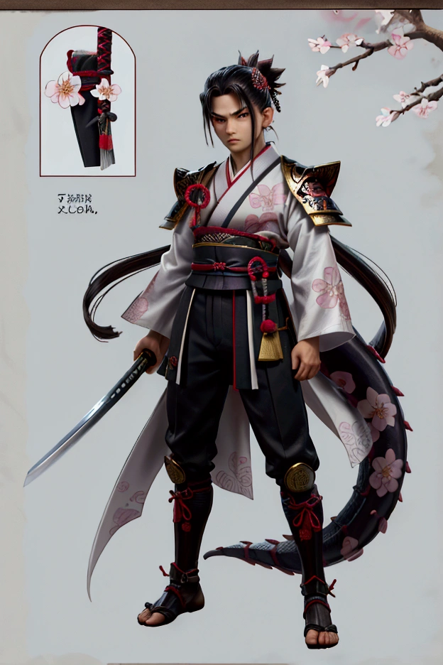 A male samurai with an intense expression, standing in a defensive stance with his katana raised diagonally across his body. He is wearing ornate armor with intricate dragon patterns, with cherry blossom petals swirling around him in a gust of wind.   student, +3 View prompt standing, 3 View Drawings, side and Front and back, Character Sheet, Full body, Simple white background, character reference sheet, Concept art, design sheet, Character Design, full body adoptable horizontal clear charcter style sheet