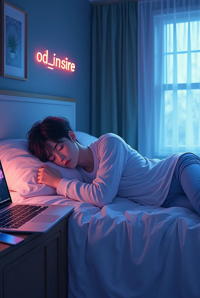 Anime boy sleeping on his bed, there is a phone and laptop lying besides him , he has a gaming pc setup beside him and there is written od_ inspire on the wall,make more aesthetic