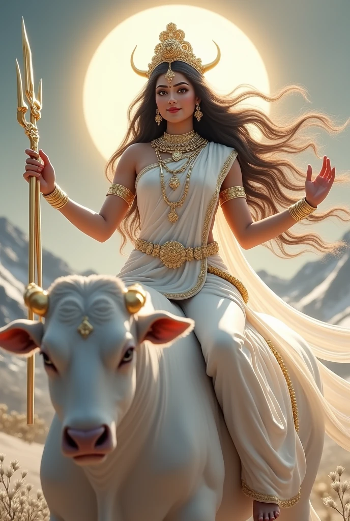 "Create an ultra-realistic image of the beautiful Goddess Mahagauri, daughter of Lord Himalaya, depicted in a pure white saree with a matching blouse. The saree should be elegant, should be intricately designed with delicate gold patterns that highlight her divine status and connection to the mountains. symbolizing her purity and divine nature, with subtle, delicate patterns that enhance her celestial presence. Her skin should be extremely fair, glowing with a soft, ethereal light that reflects her name, Mahagauri, meaning 'extremely fair.' Her face should be serene and exquisitely beautiful, with large, expressive eyes that radiate wisdom and compassion, and a gentle smile that conveys peace and grace, she has extremely very long hari, black floating hair, healthy and dense hair.
She has four hands.
In her right hand, she holds a majestic trident.
Her second right hand is in the blessing posture.
In her left hand, she holds a Damaru (a small drum).
Her second left hand is in the granting posture.
She should be seated on an extremely large and powerful pure white bull, symbolizing her title as Vrisharudha (वृषारूढ़ा), the one who rides the bull. The bull should be depicted with a strong, muscular build and a calm, majestic demeanor, reflecting its strength and the divine presence of the goddess. The bull's pristine white color should complement the goddess's own pure, glowing complexion.
The background should be a serene, celestial landscape, with soft, glowing light and elements like a conch, the moon, and white Kunda flowers, symbolizing her fair complexion. The scene should convey a sense of peace, purity, and divine grace. The overall image should capture the essence of Goddess Mahagauri’s beauty, purity, and divine power, presented in a highly realistic and detailed manner, with her mount emphasizing her strength and protective nature."