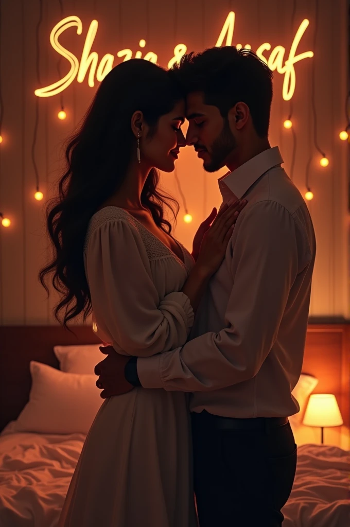 It is the first night of marriage and behind the bed is written Shazia Ausaf and both are in each other's arms and have a romantic and sexy look