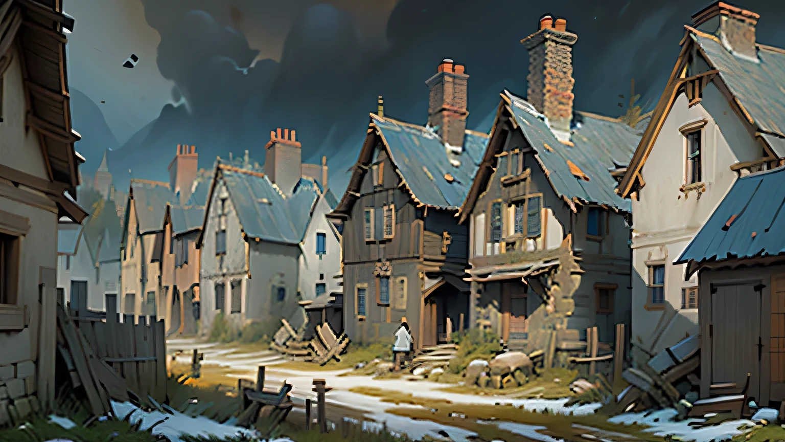 prompt": "A medieval European village scene from the 13th to 17th century, depicting a desolate and devastated village landscape. Include images of starving peasants, a plague-stricken population, and a dark, ominous atmosphere reflecting widespread fear and uncertainty.