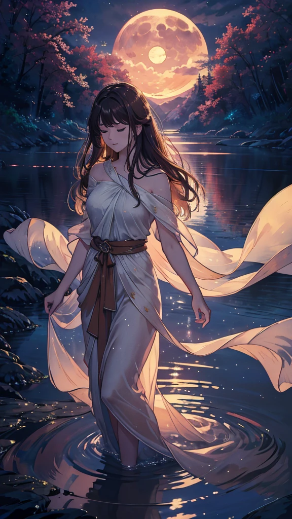 (best quality,4k,8k,highres,masterpiece:1.2),ultra-detailed,(realistic,photorealistic,photo-realistic:1.37),portrait,aquarelle painting,beautiful breathtaking girl,deep brown skin,long silky hair,flowing white silk dress,full body,nighttime landscape,luminous moonlight on her face,peaceful serene expression,beauty in simplicity,stunning atmosphere,soft dreamlike colors,subtle glowing lights,detailed foliage,calm and tranquil ambience