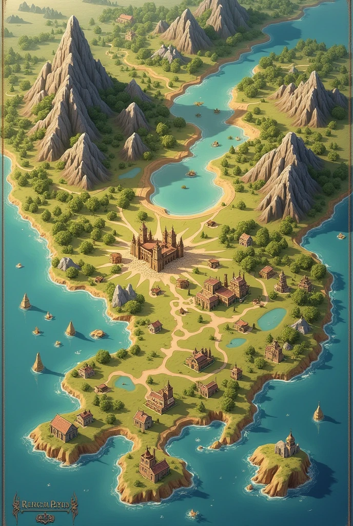 A whole map, beautiful, 3 land forms, 2 water forms, flat map, high quality, fictional map, monarchy map, with nation, village, flat drawn map, larger map