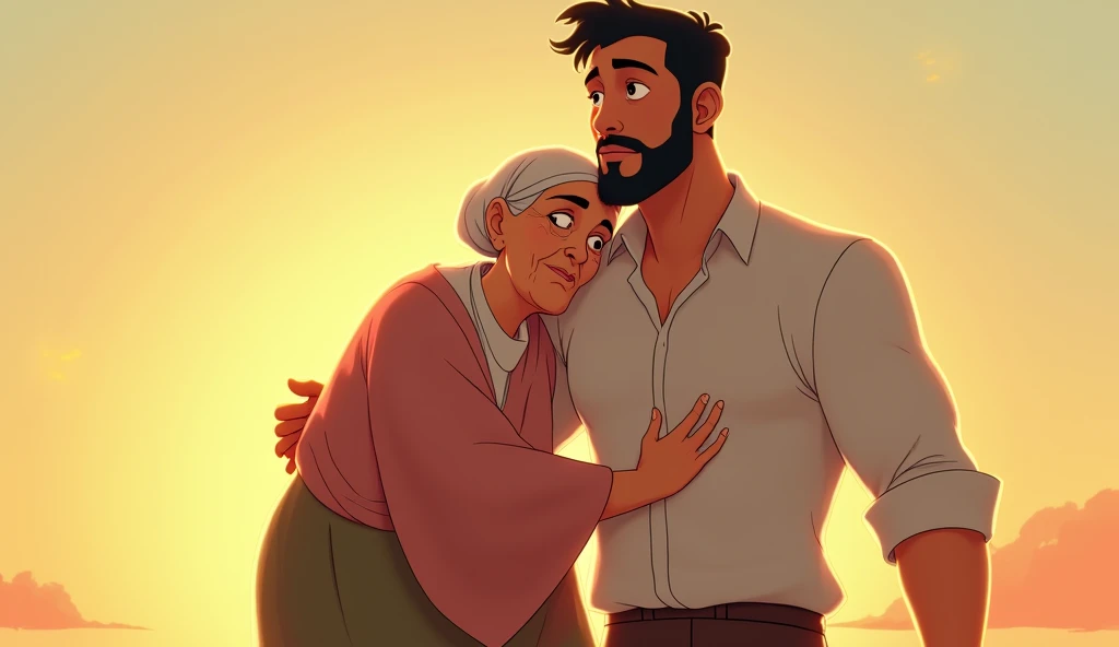Animated image of a young Muslim man standing tall with a large body carrying his very old mother behind him.