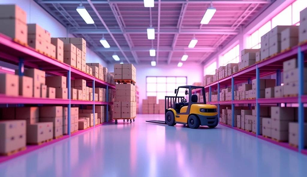 Create a vibrant 3D close-up illustration of a warehouse or store with a purple and white color theme. The scene should focus on details such as neatly organized shelves, a forklift lifting some boxes, and equipment. Use purple and white colors to accentuate the inventory and equipment, giving the image a modern and clean look with a close-up perspective