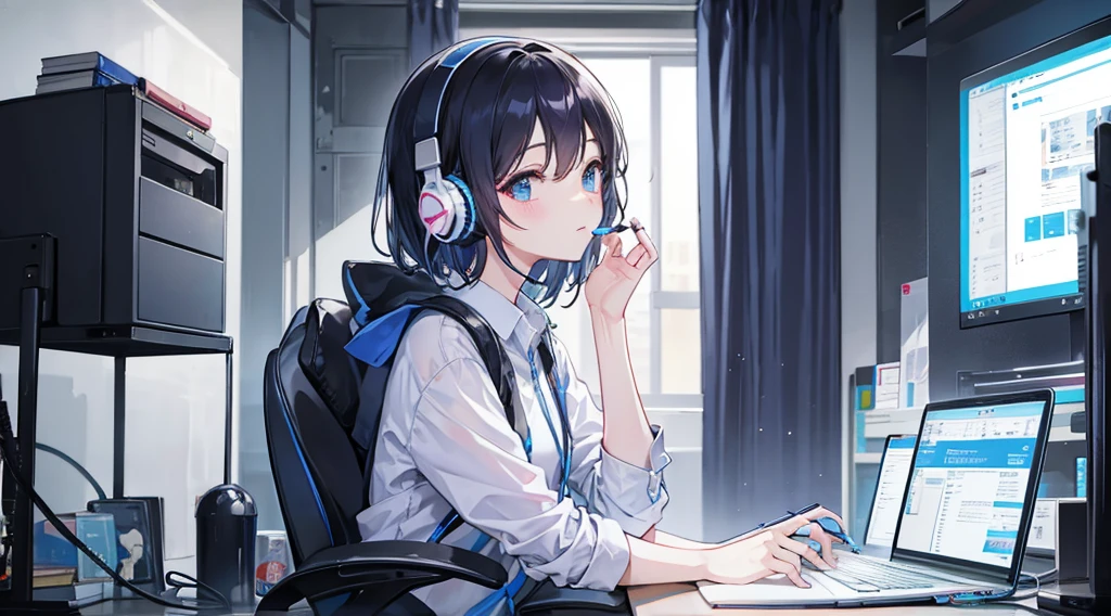 A professional illustrator girl、Put on a headset、Looking at a computer screen。Talking to a client。