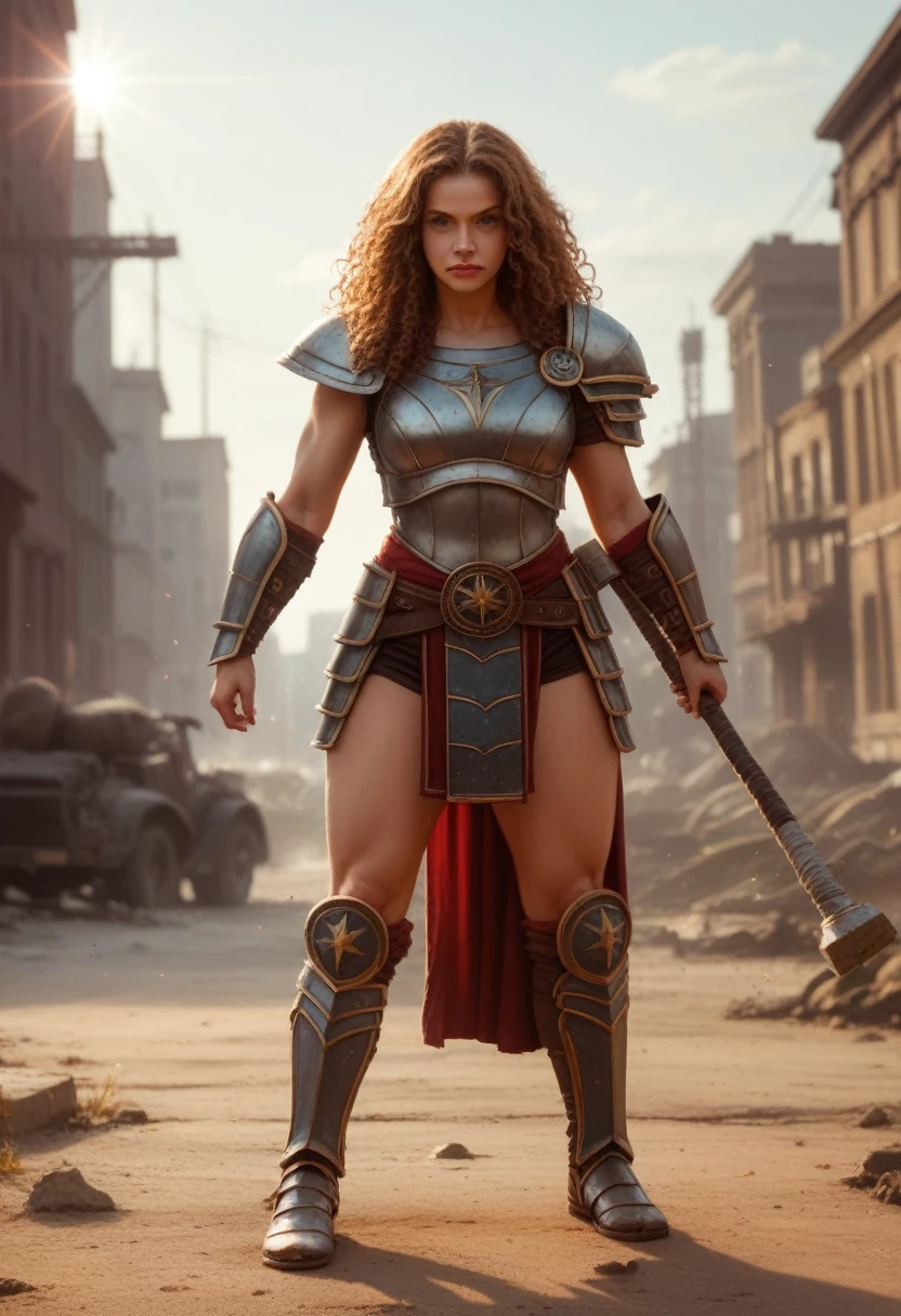 a realistic photo, hdr definition, uhd realistic photo, hyper detailed, 1 woman, 2, long, slightly curly blond hair, 95D chest, she has a determined look, she stares at the lens, full body, dynamic pose, she is wearing Thor's armor, in his hand Thor's hammer, dilapidated post-apocalyptic city background, light enhancing the details of the armor, the extensive details of this photo enhance this creation into a masterpiece