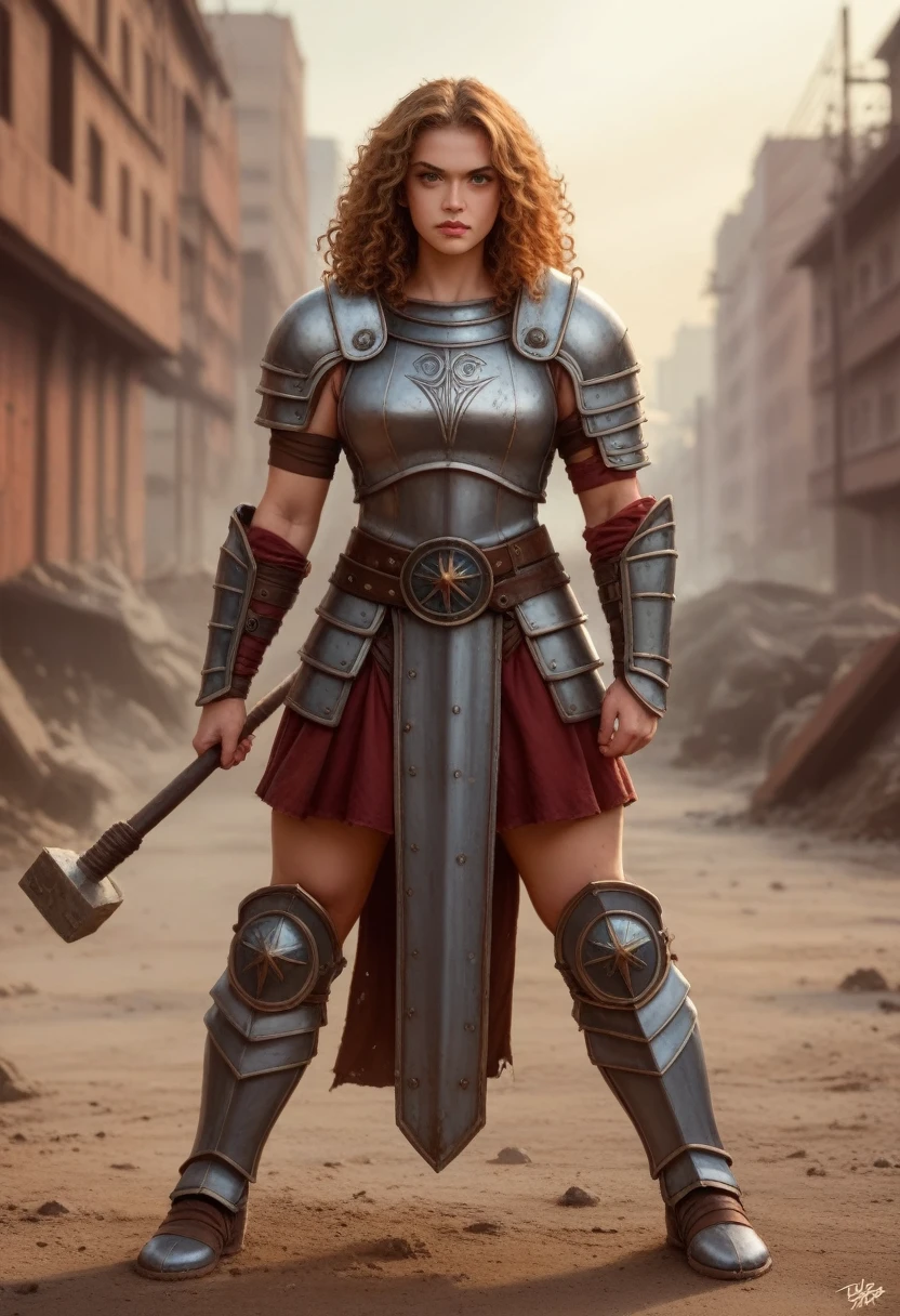 a realistic photo, hdr definition, uhd realistic photo, hyper detailed, 1 woman, 2, long, slightly curly blond hair, 95D chest, she has a determined look, she stares at the lens, full body, dynamic pose, she is wearing Thor's armor, in his hand Thor's hammer, dilapidated post-apocalyptic city background, light enhancing the details of the armor, the extensive details of this photo enhance this creation into a masterpiece