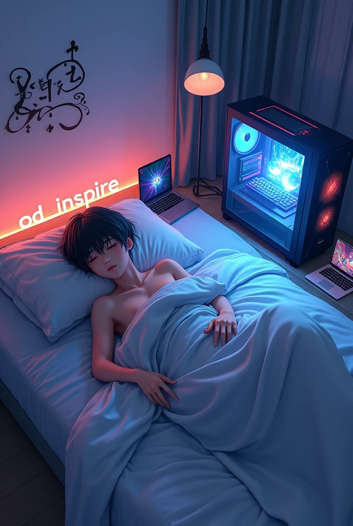 Anime boy sleeping on his bed, there is a phone and laptop lying besides him , he has a gaming pc setup beside him and there is written od_ inspire  on the wall,make more aesthetic 