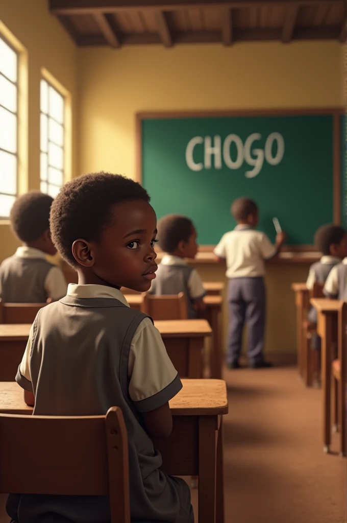 African   seating in Class while One among them writing in Board. The board should countain the word CHOGO as heading 