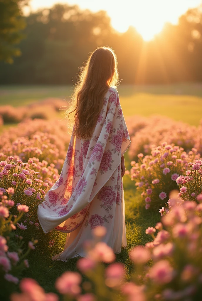 woman with Long hair, wearing long skirt, floral blanket in a field of Azaleas flowers, warm sun