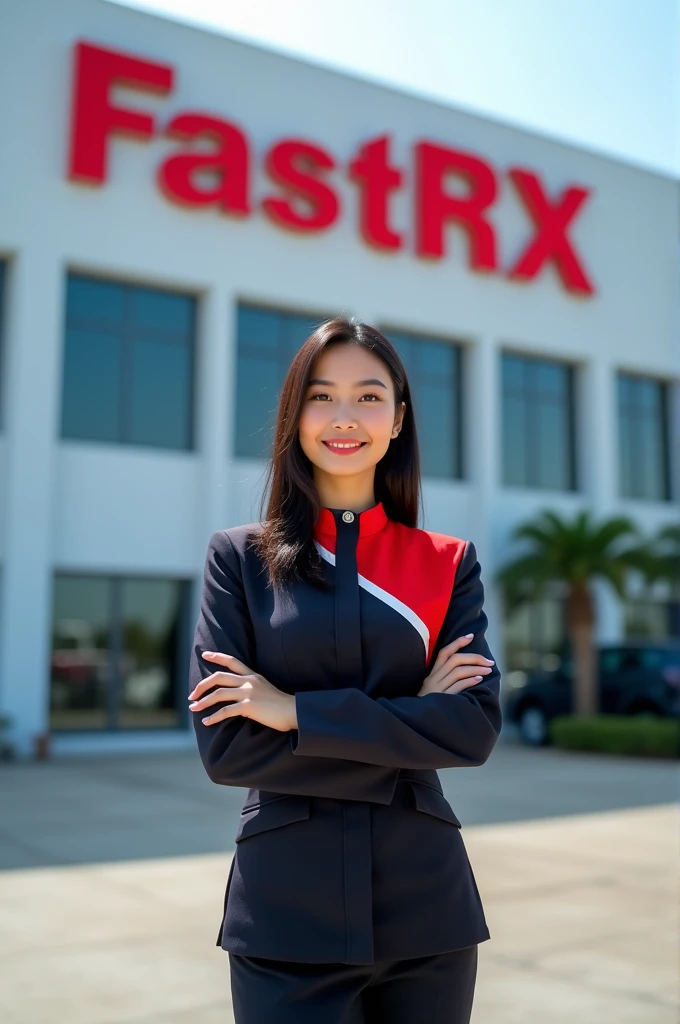 beautiful indonesian woman wearing a fastRX cargo uniform, posing in front of fastRX cargo building with fastRX cargo logo 