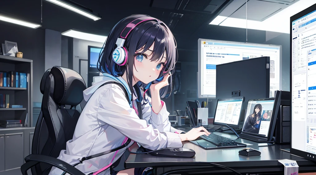 A professional illustrator girl、Put on a headset、Looking at a computer screen。When you are talking to a client。Serious expression。