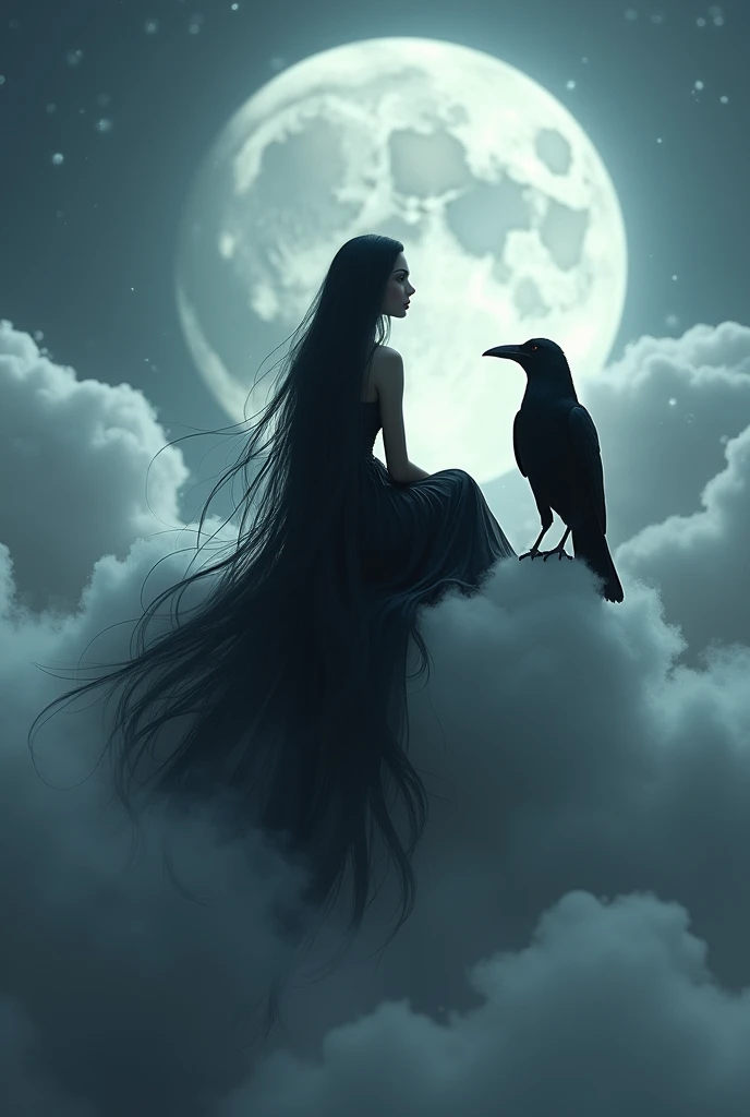 In a light of moon a fairy with long black hair , long black silk dress sitting on a grey cloud with a black crow