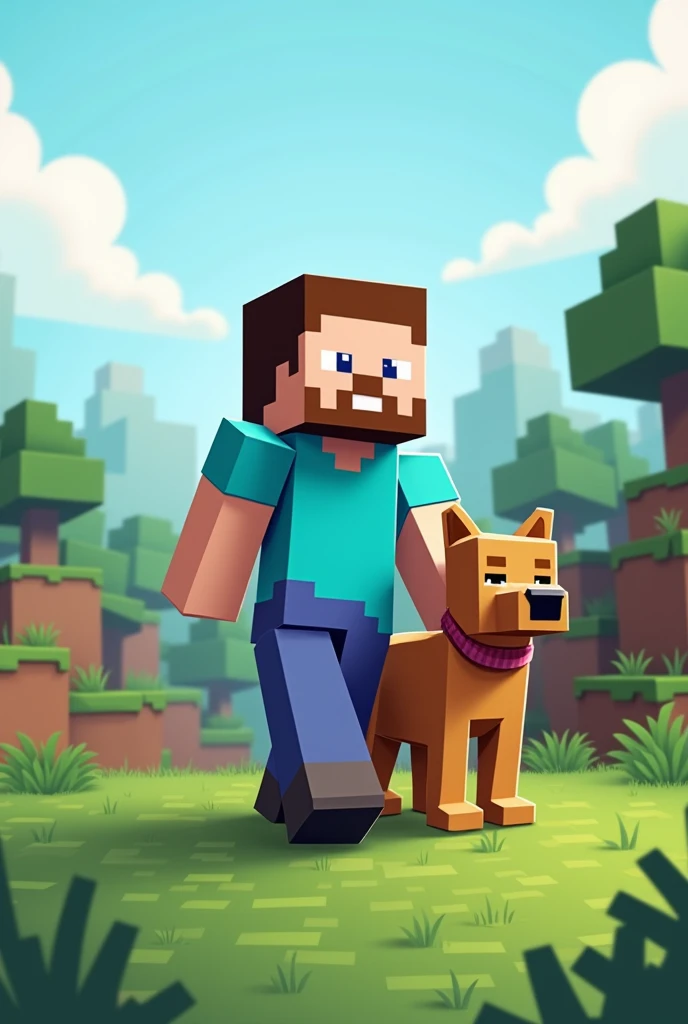 Cartoon design of Steve in human form and his dog in Minecraft