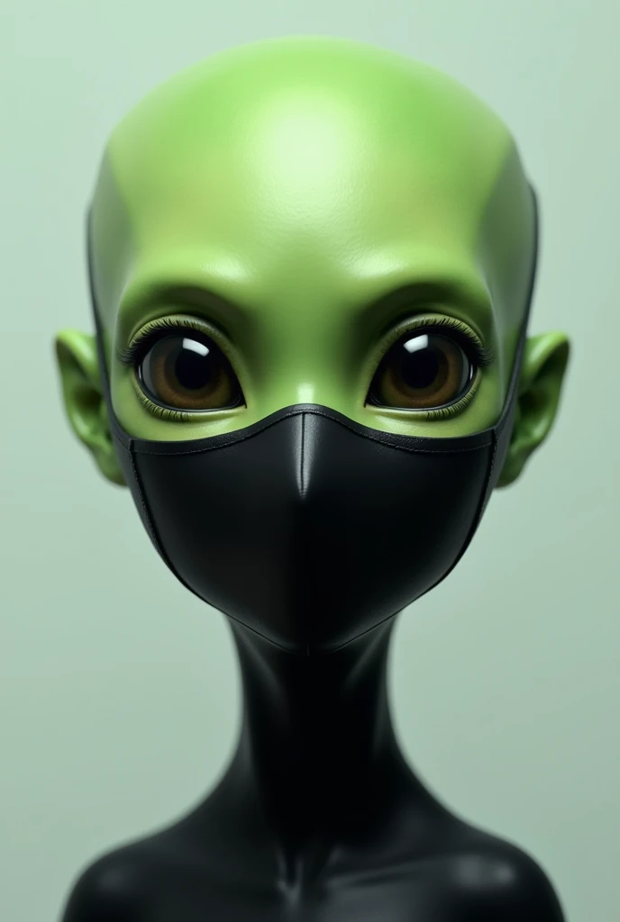 Green alien face only head , waring black
face mask