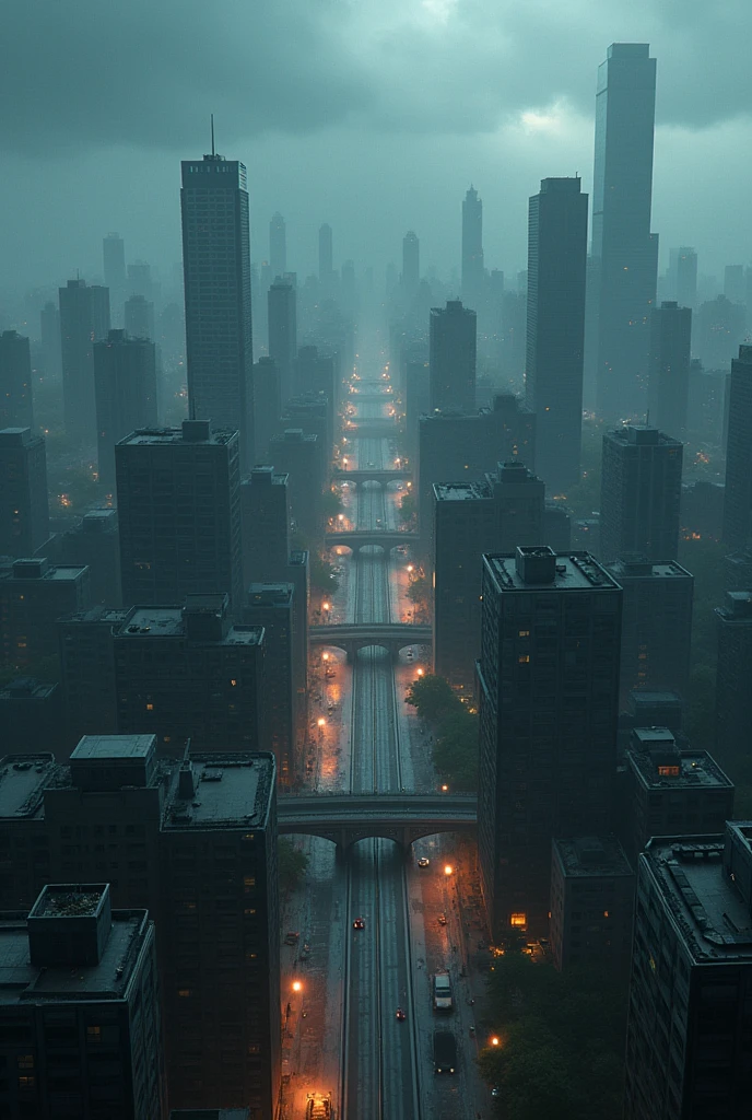 (photorealism:1.2), modern day dark fantasy city wide aerial shot