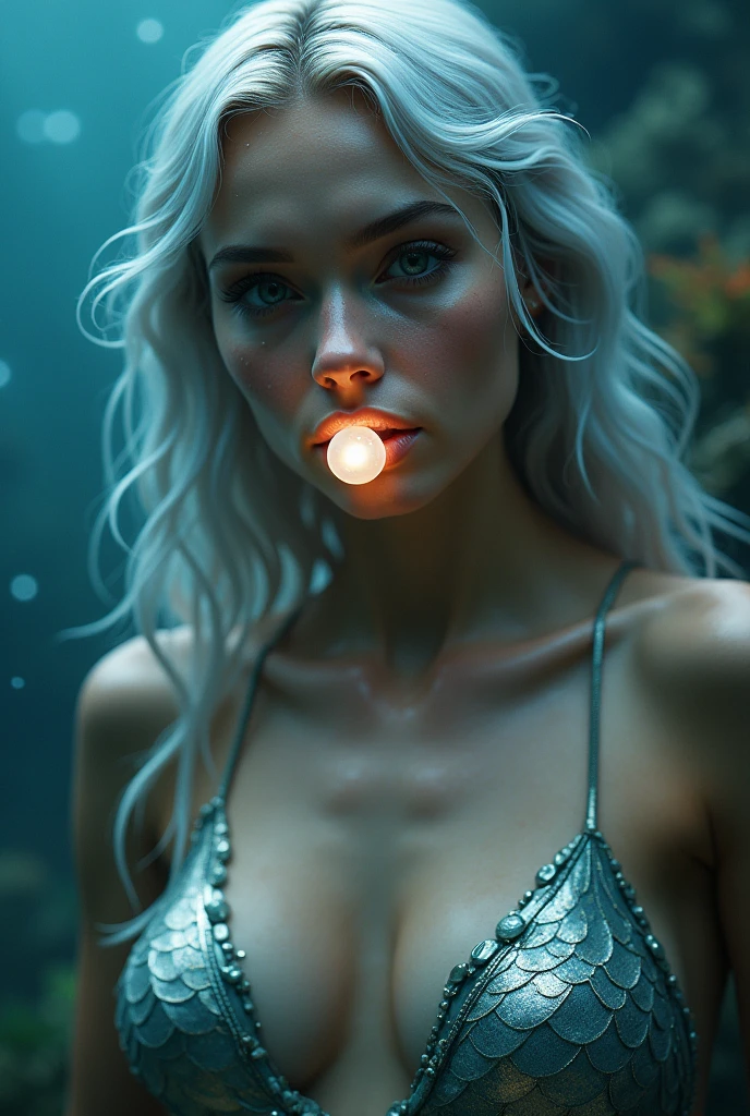 A close-up of a mermaid’s upper body, her shimmering scales blending into her human skin around her waist. Her silvery hair cascades over her shoulders, partially covering her breasts, which glisten with droplets of water. She holds a glowing pearl between her lips, its light casting delicate reflections on her soft, wet skin. The focus is on her face and torso, with every detail of the pearl’s glow and the texture of her scales clearly defined. The underwater background blurs into deep blue, with faint silhouettes of coral and seaweed.
