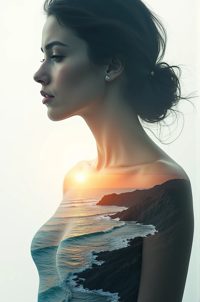 high quality, 8K Ultra HD, A beautiful double exposure that combines an goddess with sunset coast, sunset coast should serve as the underlying backdrop, with its details incorporated into the goddess , crisp lines, The background is monochrome, sharp focus, double exposure, by yukisakura, awesome full color,