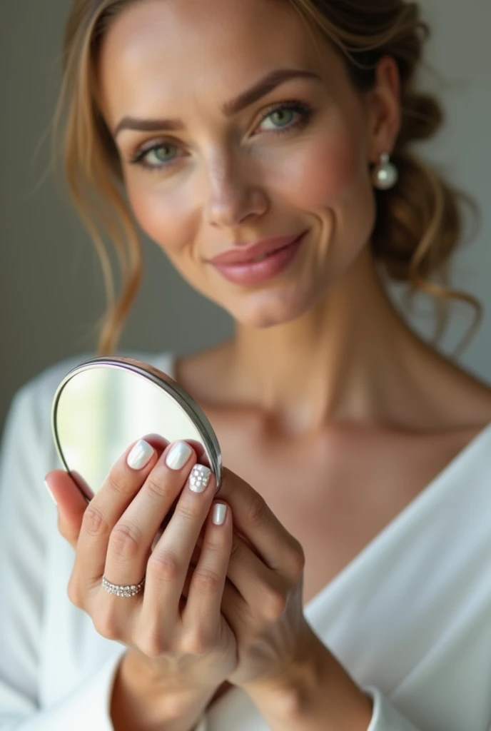 afed woman in a white dress holding a mirror and pearls showing off her beautiful nails