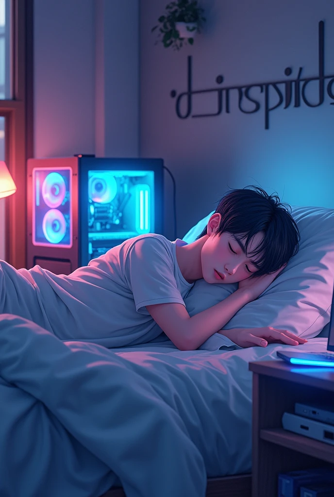 Anime boy sleeping on his bed, there is a phone and laptop lying besides him , he has a gaming pc setup beside him and there is written od_ inspire on the wall,make more aesthetic