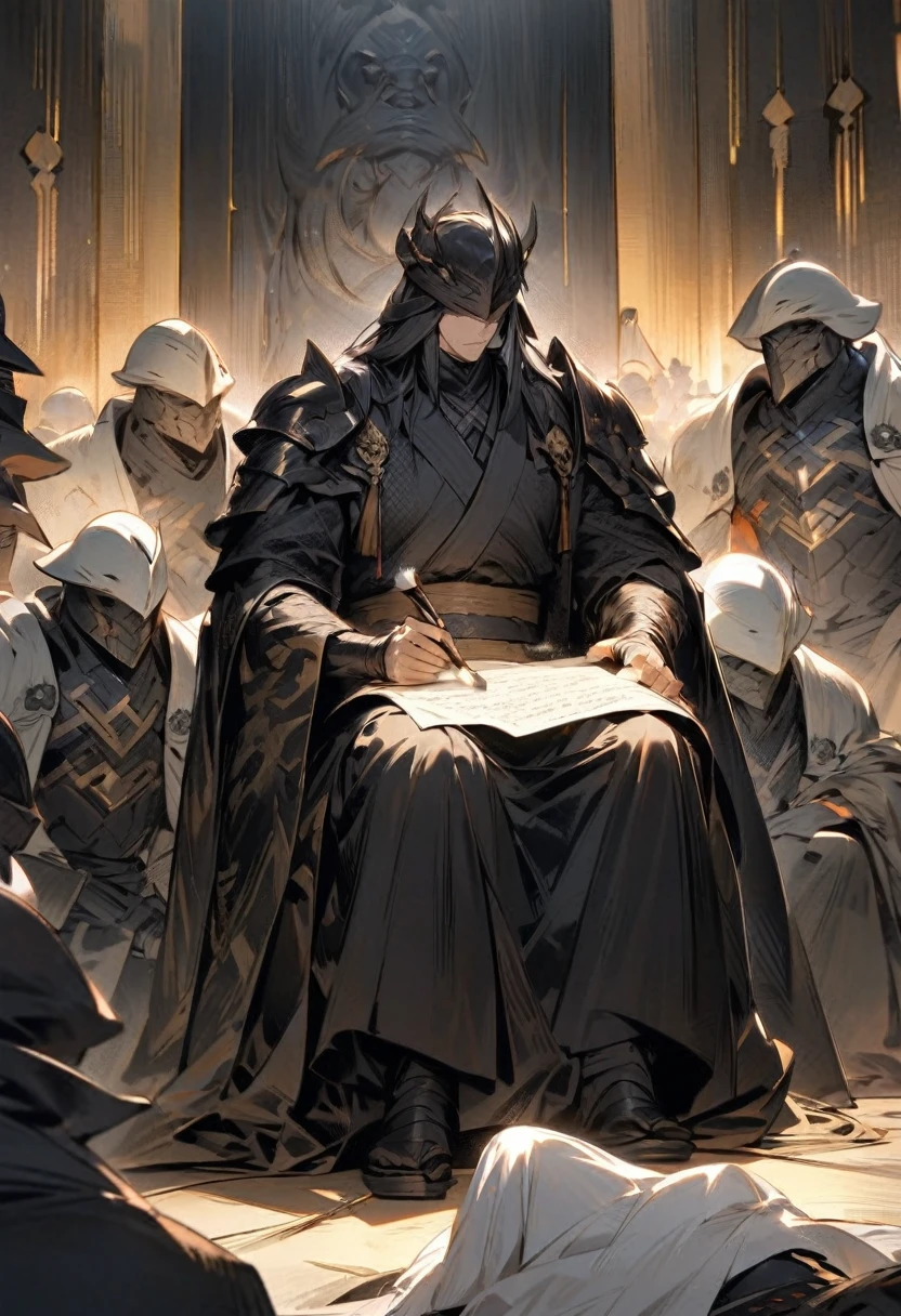 A Japanese warlord sitting in a candle-lit room, surrounded by advisors. The warlord, deep in thought, holds a brush poised over parchment, ready to inscribe a new name. The atmosphere is tense and solemn, reflecting the significance of this moment of transformation."