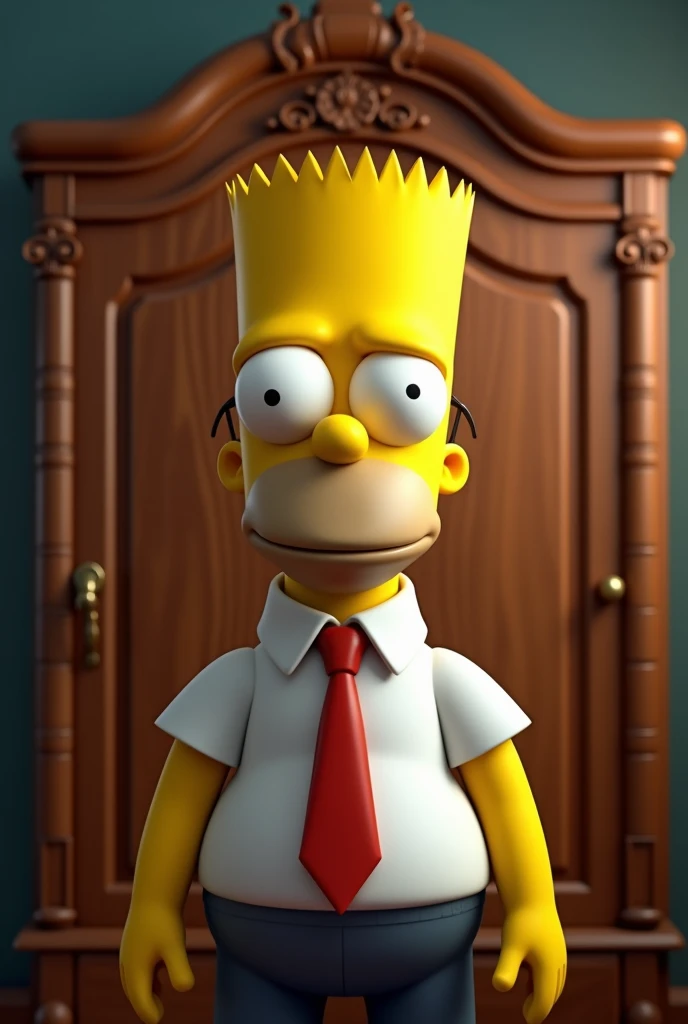 Bart simpson avec une tete realiste humaine habille en vendeur devant un dressing