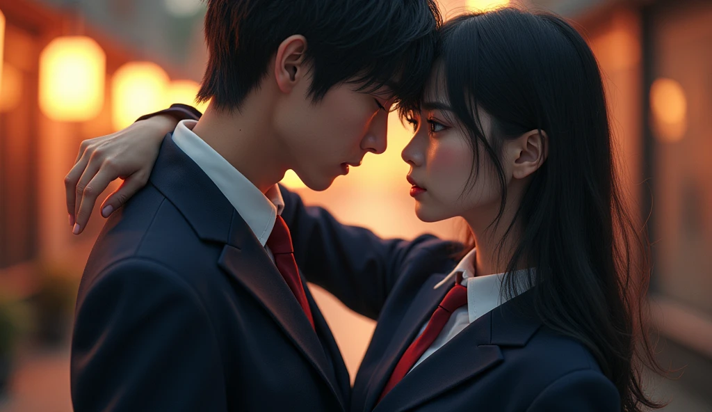 (32K:1.9, Realistic:1.9, Highest quality, masterpiece, Ultra-high resolution), Perfect dynamic composition, Highly detailed skin and facial textures:1.3, Detailed eyes, Detailed limbs, (Cute sexy slim Japanese schoolgirl, expensive、Slim Japanese high school boy), Fair skin, ((Clarity:1.1)), (Both boys and girls wear a blazer-style uniform with a red tie.), (A man is holding a woman:1.0), (smile:0.9, Totally captivates you:0.9), (beautiful Blue Eyes, beautiful, Clear Eyes:0.8), Sexy Face:0.4, blush:1.1, (BeautifulAn atmosphere of eroticism:0.8), Professional random camera work, Cinematic Lighting Effects, ((Full Body Shot)), ((Too erotic:0.9)) , romantic, mysterious, Object of admiration, original, dramatic, artistic, Innovative, charm, Heartful, Fancy, Tilt, sense of loss, special, exciting, Extreme, sense of openness, joy, Expressions of joy, ((The charm of youth, Feminine charm))