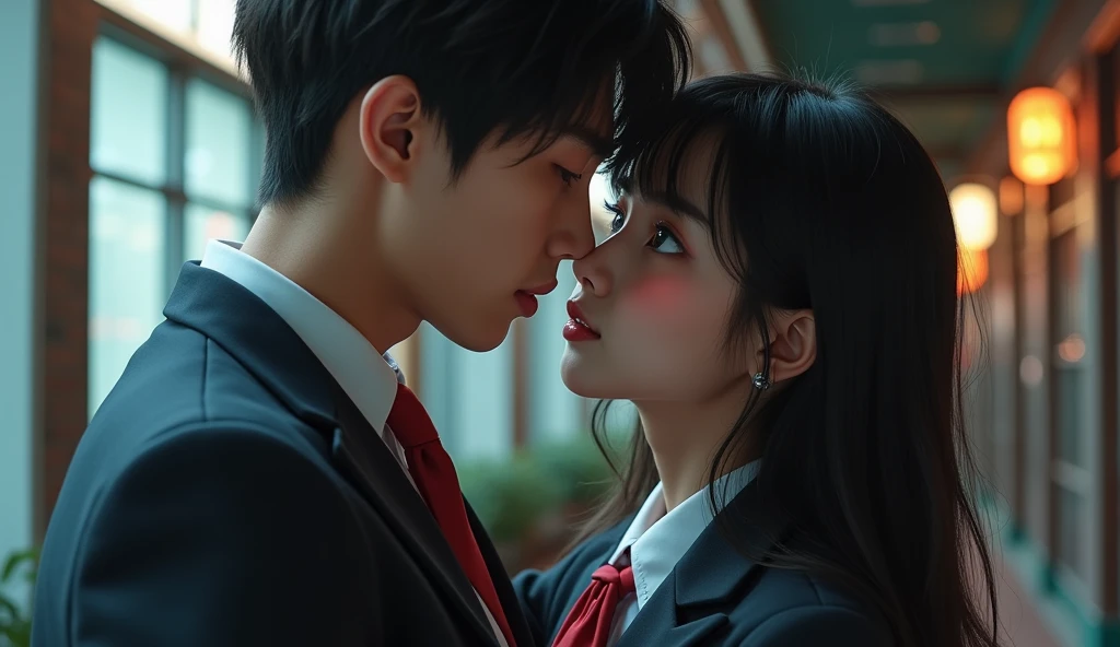 (32K:1.9, Realistic:1.9, Highest quality, masterpiece, Ultra-high resolution), Perfect dynamic composition, Highly detailed skin and facial textures:1.3, Detailed eyes, Detailed limbs, (Cute sexy slim Japanese schoolgirl, expensive、Slim Japanese high school boy), Fair skin, ((Clarity:1.1)), (Both boys and girls wear a blazer-style uniform with a red tie.), (A man is holding a woman:1.0), (smile:0.9, Totally captivates you:0.9), (beautiful Blue Eyes, beautiful, Clear Eyes:0.8), Sexy Face:0.4, blush:1.1, (BeautifulAn atmosphere of eroticism:0.8), Professional random camera work, Cinematic Lighting Effects, ((Full Body Shot)), ((Too erotic:0.9)) , romantic, mysterious, Object of admiration, original, dramatic, artistic, Innovative, charm, Heartful, Fancy, Tilt, sense of loss, special, exciting, Extreme, sense of openness, joy, Expressions of joy, ((The charm of youth, Feminine charm))