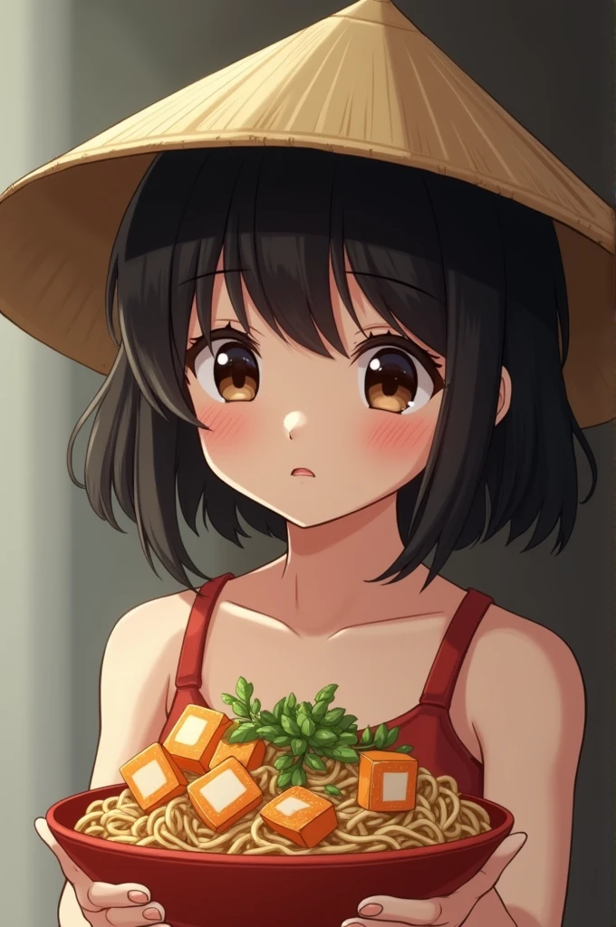 Black haired girl, wearing a conical hat on her back, not wearing nude clothes, holding vermicelli with tofu and shrimp paste in her hand