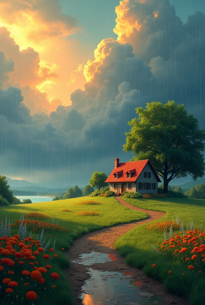 Create a landscape of a serene countryside scene during a gentle summer rain. A cozy cottage with a red roof is nestled near a large, lush green tree. The sky is filled with dramatic, billowing clouds in vibrant shades of orange and yellow, illuminated by sunlight breaking through, creating a striking contrast with the dark blue rain clouds. A narrow, winding path leads to the cottage, bordered by wildflowers in bright red and orange hues, and rich green grass. Small puddles form from the rain along the path. The overall atmosphere is peaceful and picturesque, with a harmonious blend of nature and tranquility, depicted in highly saturated colors to enhance the vividness and charm of the landscape.