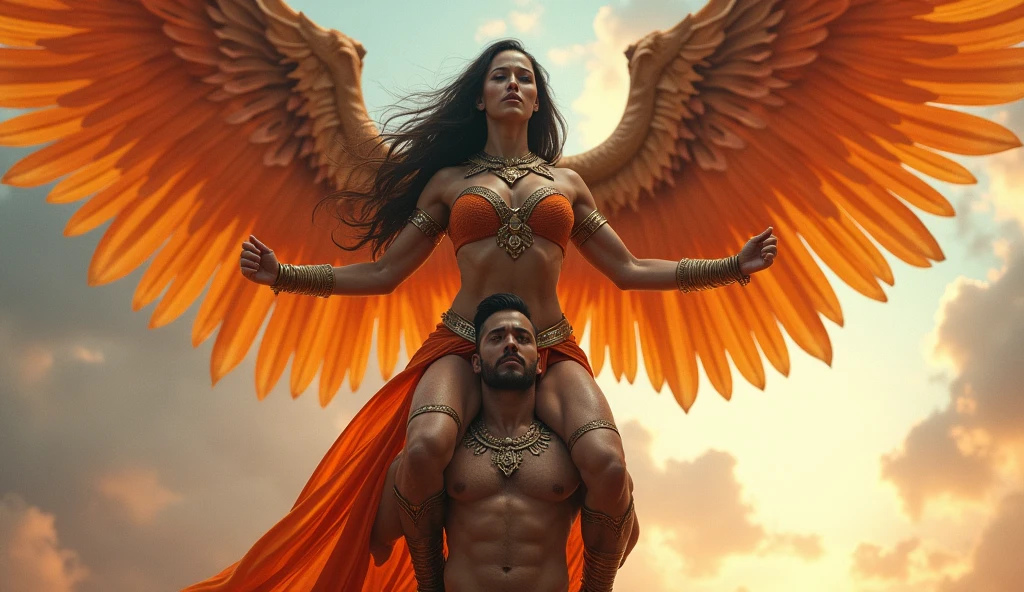 a woman with Indian super hero shaktiman costume wearing and huge breasts is standing on a man's shoulders, reddit, massurrealism, giant stunning goddess shot, exaggeratedly large physique, super wide angel, feminine and muscular, extreme muscles, massive wings, massive muscles, huge muscles, big muscle, powerful and huge, huge wings, muscled, very beautiful. big muscles