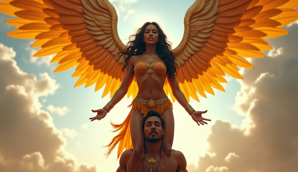 a woman with Indian super hero shaktiman costume wearing and huge breasts is standing on a man's shoulders, reddit, massurrealism, giant stunning goddess shot, exaggeratedly large physique, super wide angel, feminine and muscular, extreme muscles, massive wings, massive muscles, huge muscles, big muscle, powerful and huge, huge wings, muscled, very beautiful. big muscles