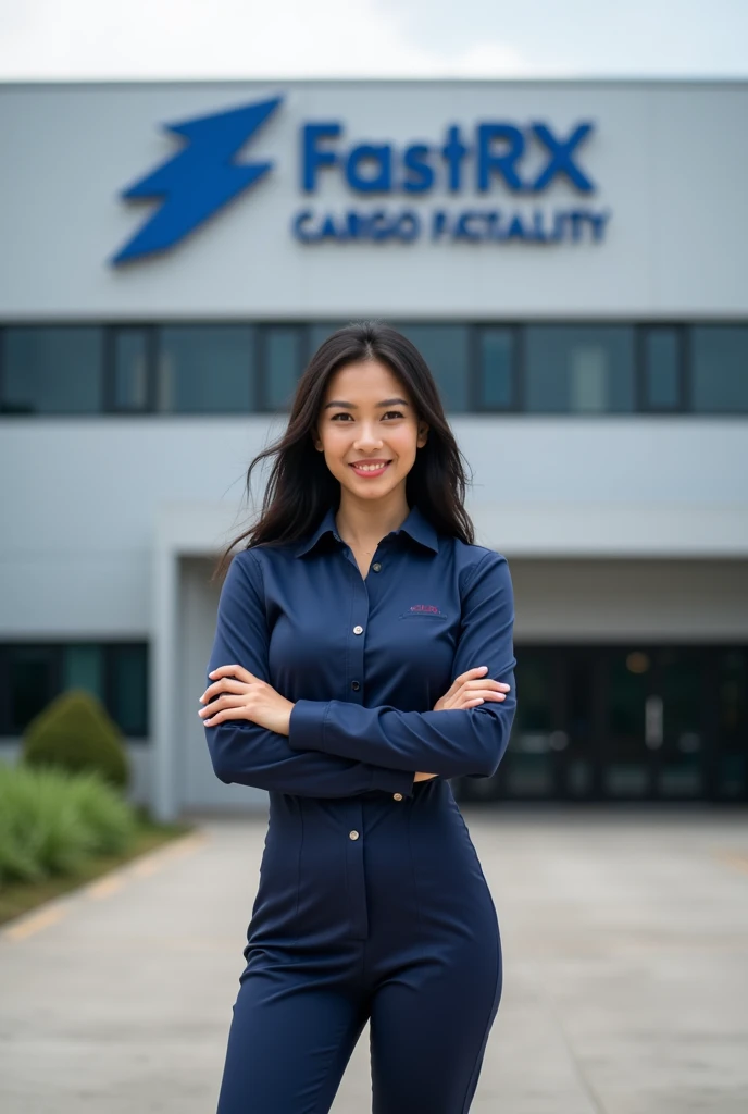 beautiful indonesian woman wearing a fastRX cargo uniform, posing in front of fastRX cargo building with fastRX cargo logo
