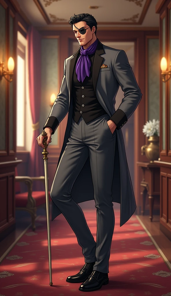 Elegant Men, 50th Generation, mature, Dark black hair, Short Straight Hair, hair up to the neck, Orange eyes, Black eyepatch, Grey Ballroom Blouse, Black blouse underneath, Purple scarf on tie, Grey ballroom pants, Black ballroom shoes, Ivory walking stick, Smile modestly, Muscular man, The scenery inside the ship, Beautiful man.