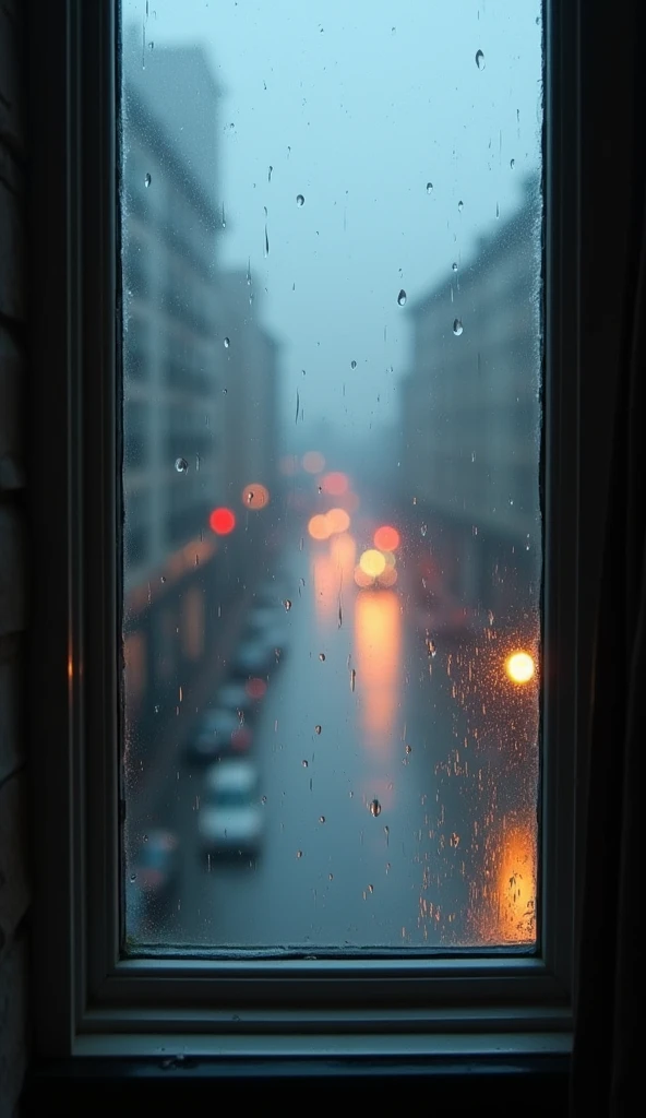 Rainy Window: A window with raindrops sliding down the glass, viewed from an indoor setting. Outside, a soft, blurred cityscape is visible, with streetlights glowing in the drizzle.