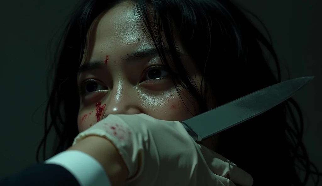 Bloody face and glove. Realistic, cinematic, black background, extreme A close-up photo depicting a hand in white latex glove covering a woman's mouth to shut it up. The woman is crying weakly, scared. The woman is facing slightly to the left. Her black hair is messy. Bloods mark on the glove and the woman's face. Knife wounds on her forehead. The photo uses a minimalist color palette, with muted tones for the hand and the face, contrasting sharply with the dark background.